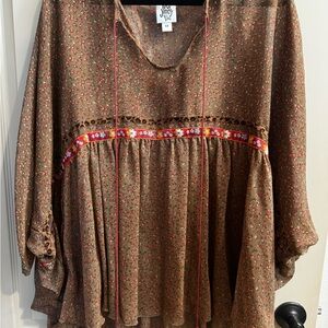 ivy jane Brown Floral Peasant Tunic with Red Embroidered Trim